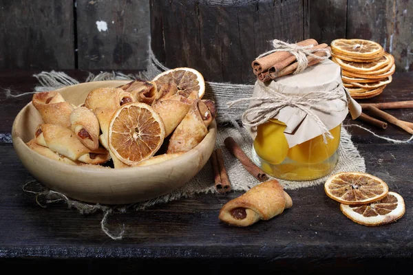 Croissants with jam , cinnamon and orange — Stock Photo, Image