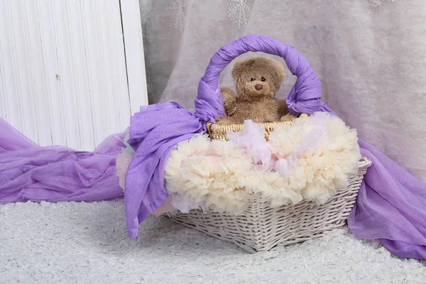 Ein Spielzeugbär sitzt in einem Korb in einem hellen Raum — Stockfoto