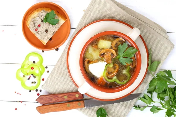 ジャガイモと緑と森の茸のスープ — ストック写真