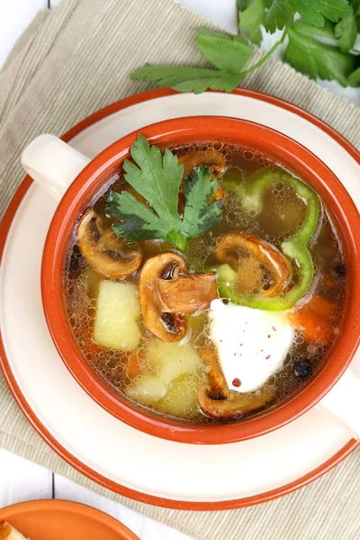 Zupa grzybowa z grzybów pól z ziemniaków i zieleni — Zdjęcie stockowe