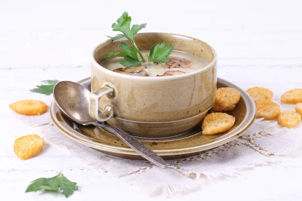 Mushroom soup puree with croutons — Stock Photo, Image