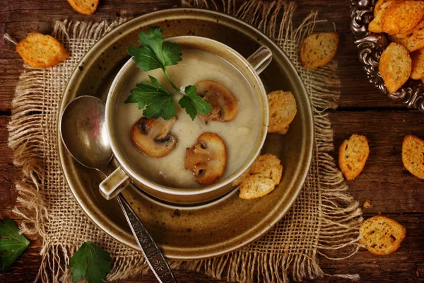 Sopa de crema de champiñones con croutons — Foto de Stock