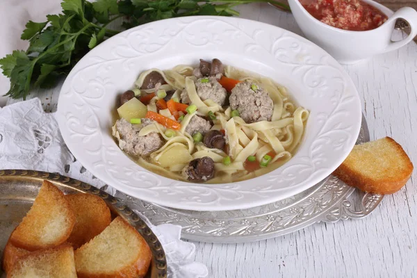 Soup with meatballs and mushrooms — Stock Photo, Image