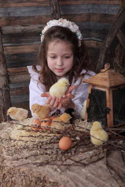 Chica en un vestido blanco sosteniendo en sus manos el pollo — Foto de Stock