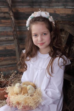 Bir yuva ile tutarak bir çelenk kız canlı tavuk