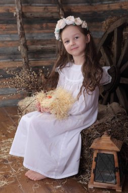 Bir yuva ile tutarak bir çelenk kız canlı tavuk