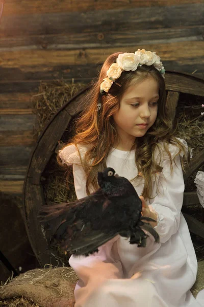 Girls in wreaths are holding live pigeons — Stock Photo, Image