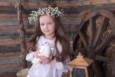 kız canlı bir beyaz güvercin elinde tutan bir çelenk