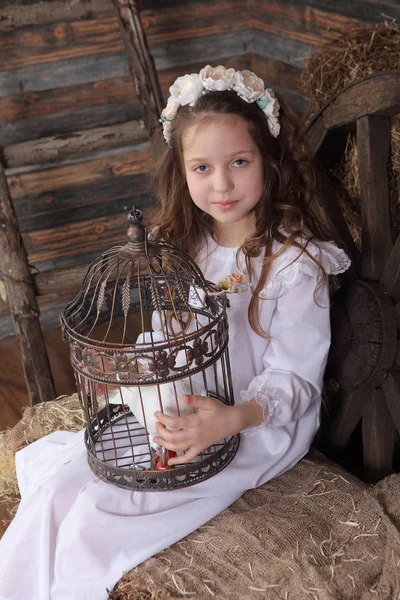 Kız bir kafes ile canlı bir beyaz güvercin tutan bir çelenk