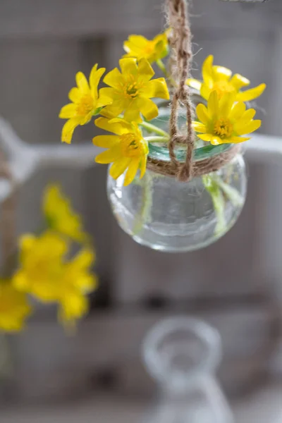 小さなガラスの花瓶の黄色い春の花 — ストック写真
