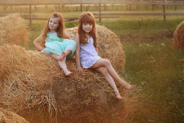 Two girls sitting on a haystack — Stock Photo, Image