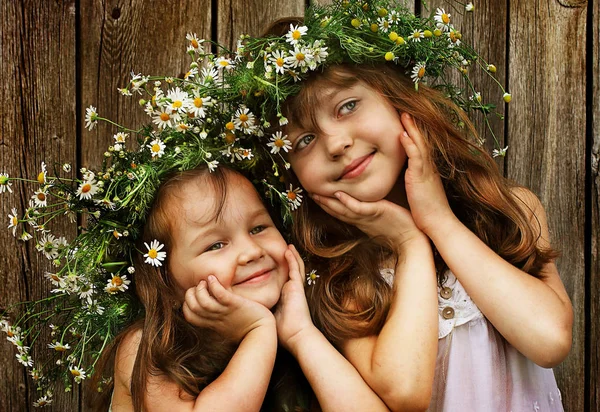 两个女孩-雏菊花环的女朋友 — 图库照片