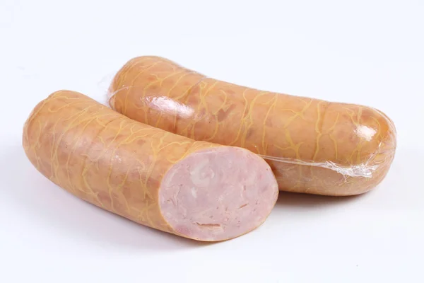 Ham, gehakt varkensvlees in verpakking op witte achtergrond — Stockfoto