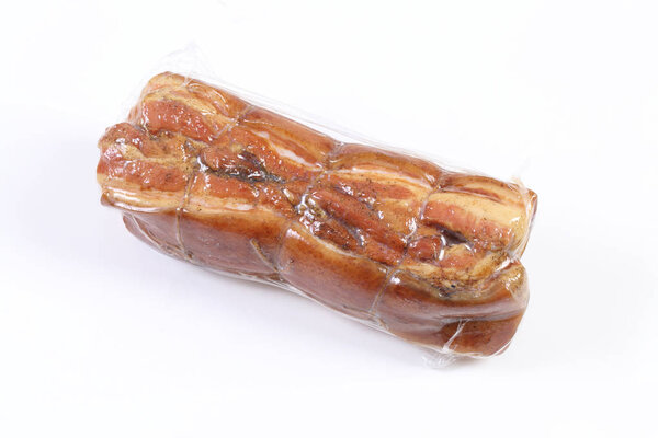 cooked smoked brisket in the package on white background