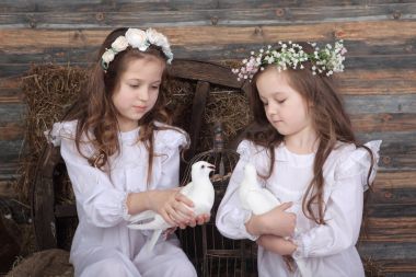 iki kız kız canlı beyaz güvercinler holding