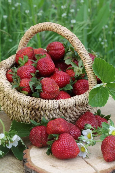 Strawberries in basket on wooden table — Stock Photo, Image