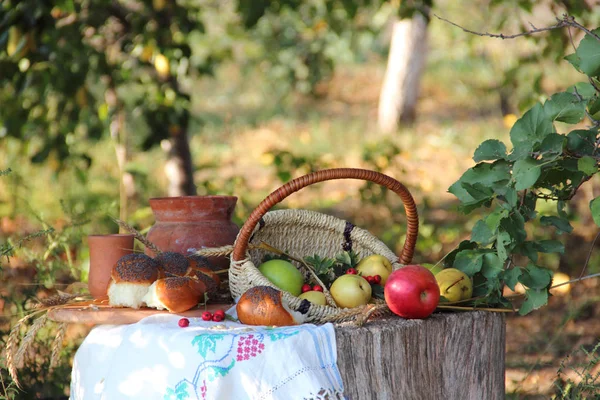 Соковиті яблука, груші і свіжий хліб на пні, покриті — стокове фото