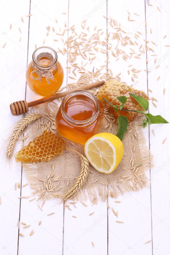 still life with tea and honey comb