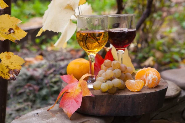 Czerwone i białe wino z winogron, Martwa natura i mandarynki — Zdjęcie stockowe