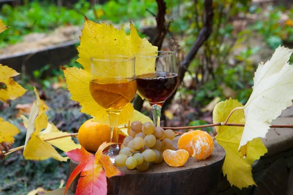 赤と白のワインはタンジェリンと葡萄のある静物 — ストック写真