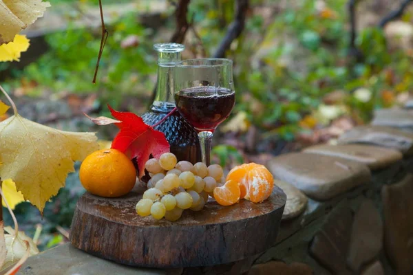 Красное вино с мандарином и виноградом, натюрморт — стоковое фото