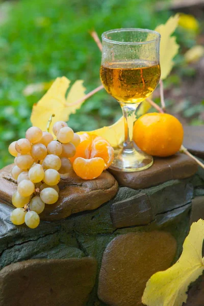 Beyaz şarap, üzüm, mandalina ve sonbahar yaprakları ile natürmort — Stok fotoğraf