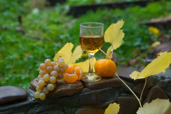 Natura morta con vino bianco, uva, mandarino e foglie autunnali — Foto Stock
