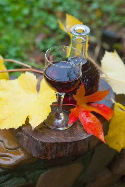 Natürmort kırmızı şarap ve sonbahar yaprakları — Stok fotoğraf