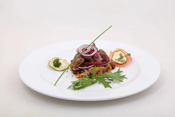 Tranches Foie Aux Légumes Roquette Oignons Frais — Photo