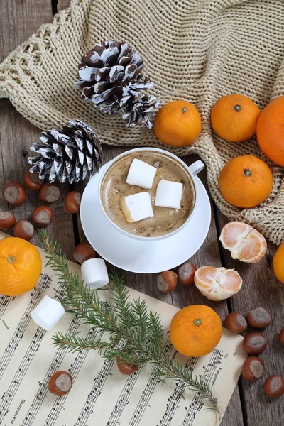 Kaffee Cappuccino Mit Marshmallow Und Mandarine Und Kaffee Mit Marshmallows — Stockfoto