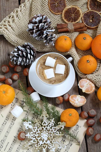 Kaffee Cappuccino Mit Marshmallow Und Mandarine Und Kaffee Mit Marshmallows — Stockfoto
