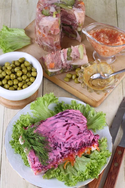 Salat Hering Unterm Pelzmantel Und Gelee — Stockfoto