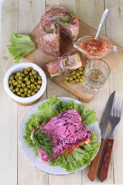 Carne Aspră Jeleu Salată Herring Sub Haină Blană — Fotografie, imagine de stoc