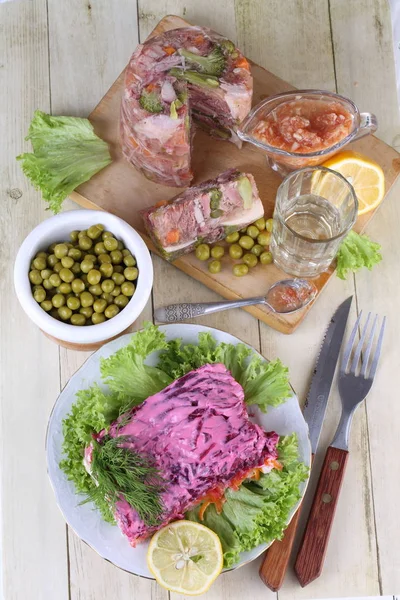 Carne Aspră Jeleu Salată Herring Sub Haină Blană — Fotografie, imagine de stoc