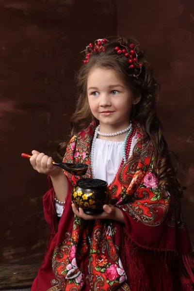 Girl Beautiful Dress Holding Bowl Black Caviar Girl Russian Outfit — Stock Photo, Image