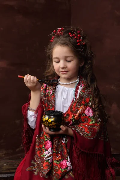 Girl Beautiful Dress Holding Bowl Black Caviar Girl Russian Outfit — Stock Photo, Image