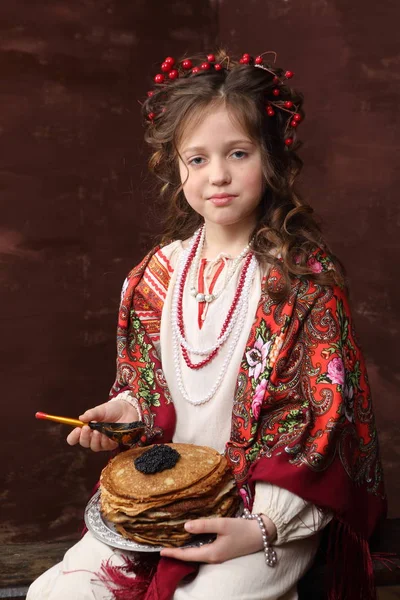 Girl Russian Outfit Keeps Pancakes Black Caviar — Stock Photo, Image