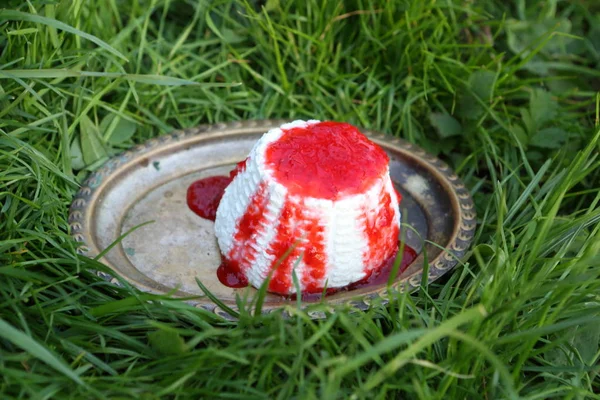 Ricotta Raspberry Jam Dessert Ricotta Jam — Stock Photo, Image