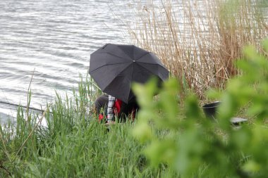 Şemsiyenin altındaki bir nehirde balıkçılar balık tutmak için balık yakalar.