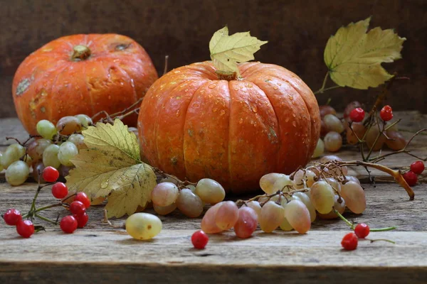 Zwei Kürbisse Trauben Und Viburnum Beeren Auf Einem Holztisch — Stockfoto