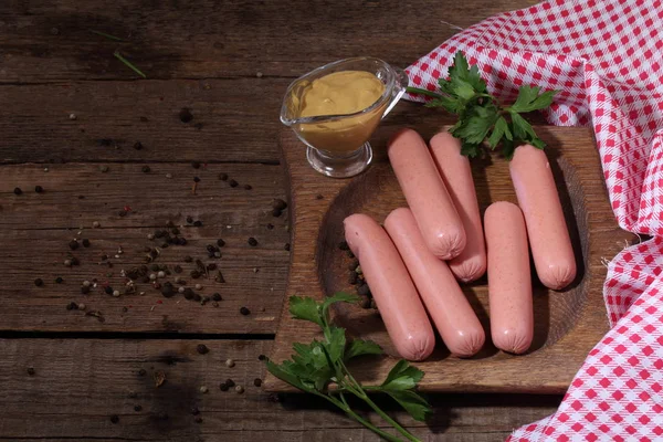 Still Life Sausages Mustard Wooden Background — Stock Photo, Image