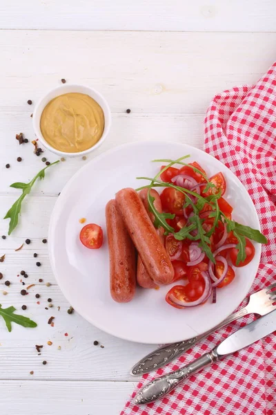 Sausages Vegetables Arugula White Plate — Stock Photo, Image