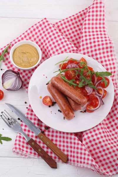 Sausages Arugula Vegetables White Background — Stock Photo, Image