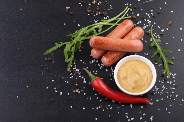 Sausages Mustard Black Background — Stock Photo, Image