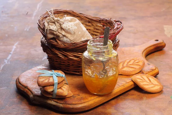 Mermelada Mandarina Galletas Azúcar Una Mesa Madera — Foto de Stock