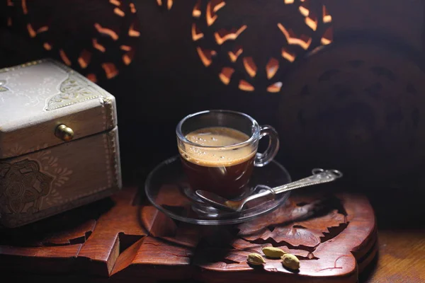 Aromatic Coffee Wooden Background Glass Mug — Stock Photo, Image