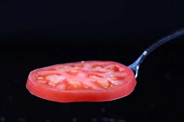 Tomato Fork Black Background Tomato Slice — Stock Photo, Image