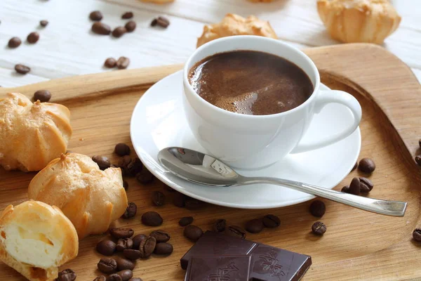 Profiteroles Coffee Chocolate White Background — Stock Photo, Image