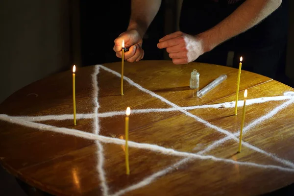 Men Hands Light Candle Center Pentogram — Stock Photo, Image