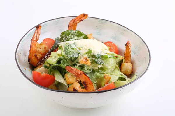 Salad Shrimp Tomatoes Cheese Sauce Lettuce Caesar Salad — Stock Photo, Image